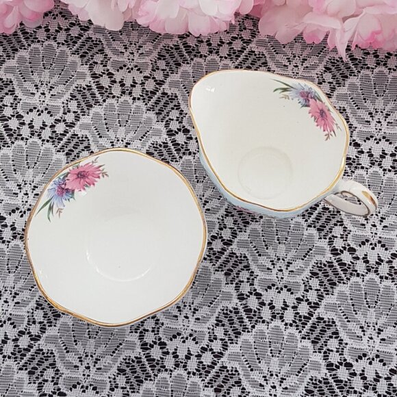 EB Foley Cornflower Blue Bone China Sugar Bowl and Milk Jug Set Pink Blue Flower - Picture 8 of 10